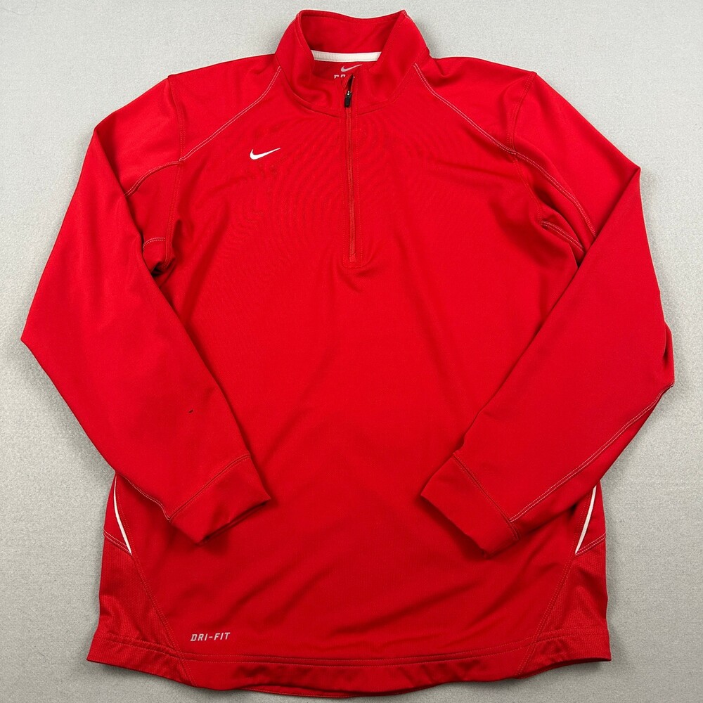 Nike Sweater Men Medium Red Solid 1/4 Zip Pullover Dri Fit Training Gym M *